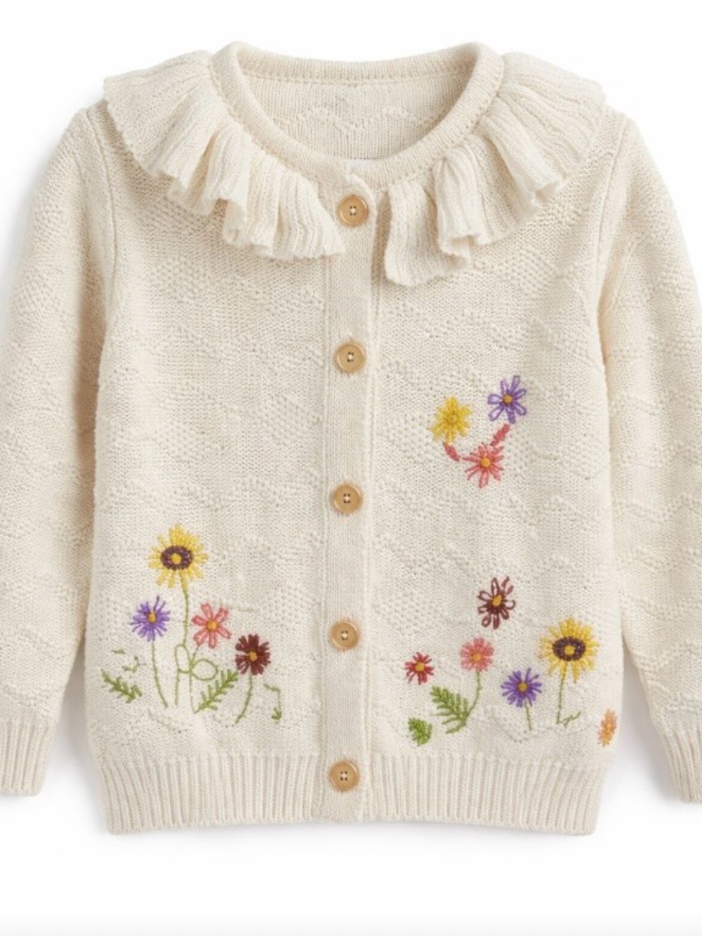 Girls Ivory Knit Cardigan Sweater Ruffle Collar Embroidered Floral NO TAGS READ